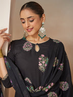 Janasya Women's Black Rayon Floral Gold Printed Straight Kurta Set