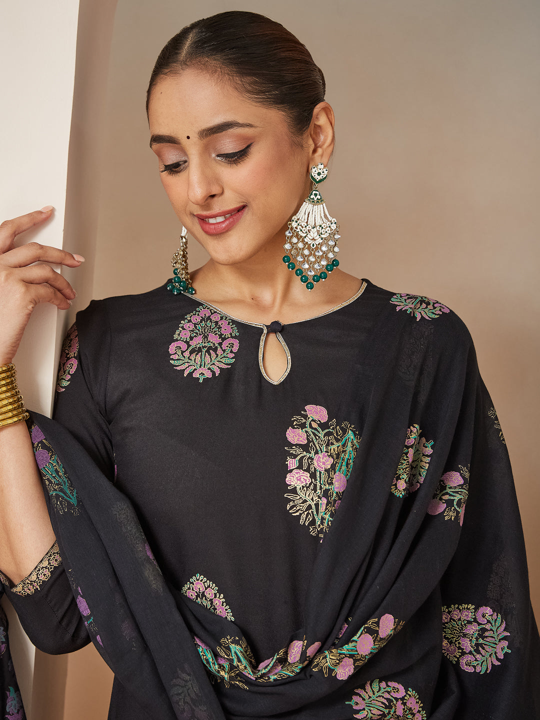 Janasya Women's Black Rayon Floral Gold Printed Straight Kurta Set