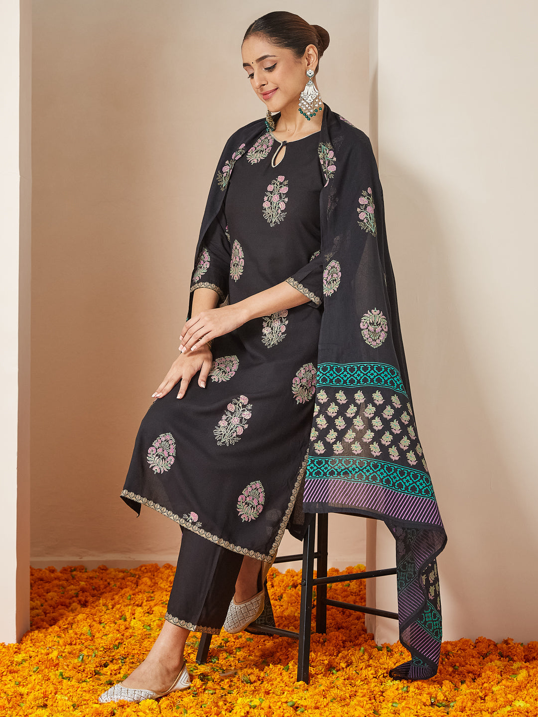 Janasya Women's Black Rayon Floral Gold Printed Straight Kurta Set - qivii
