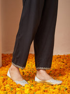 Janasya Women's Black Rayon Floral Gold Printed Straight Kurta Set