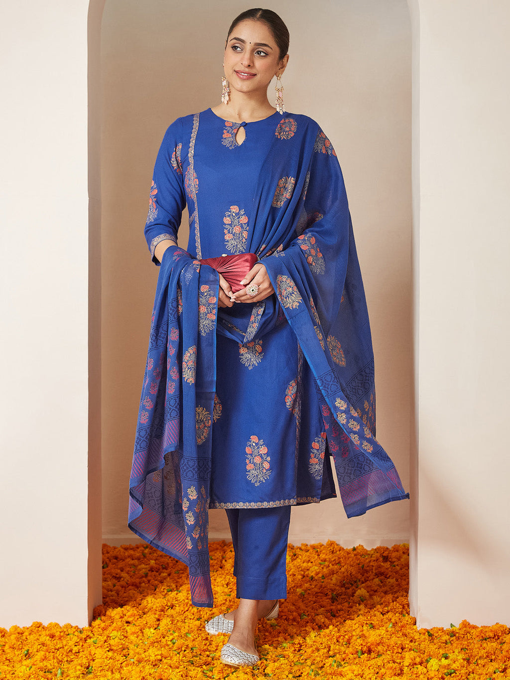 Janasya Women's Royal Blue Rayon Gold Floral Printed Straight Kurta Set
