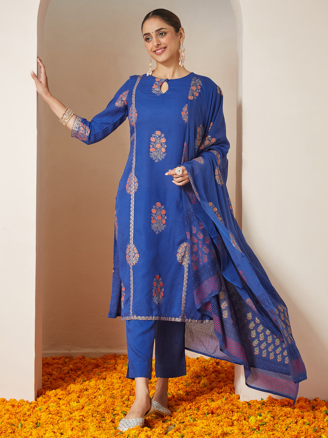 Janasya Women's Royal Blue Rayon Gold Floral Printed Straight Kurta Set