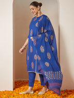 Janasya Women's Royal Blue Rayon Gold Floral Printed Straight Kurta Set