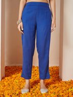 Janasya Women's Royal Blue Rayon Gold Floral Printed Straight Kurta Set