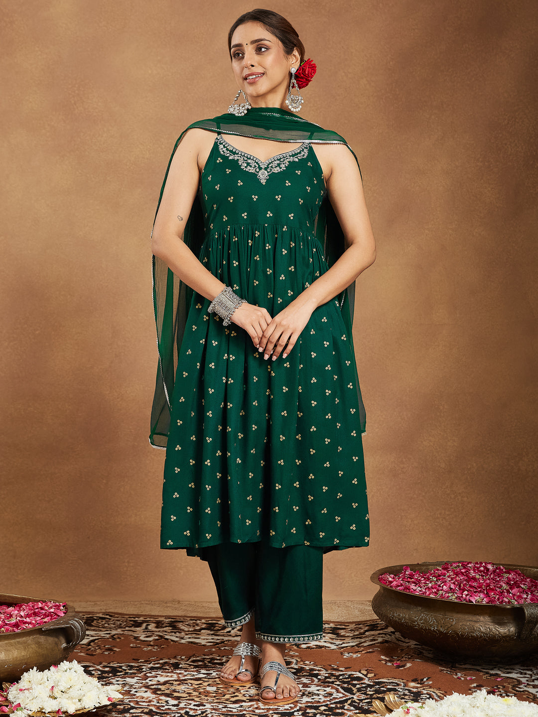 Janasya Women's Dark Green Rayon Yoke Embroidered Gold Printed A-line Kurta Set - qivii