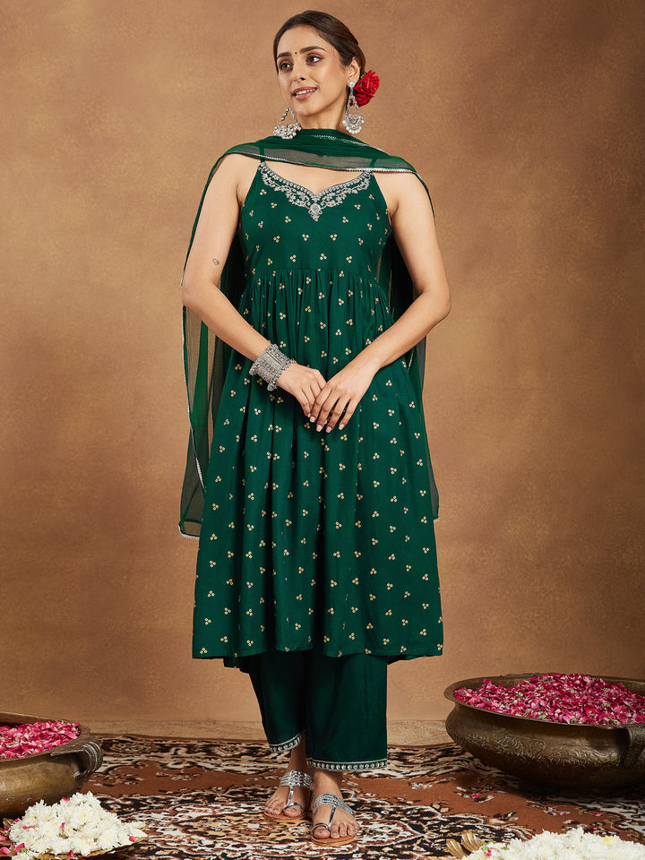 Janasya Women's Dark Green Rayon Yoke Embroidered Gold Printed A-line Kurta Set - qivii