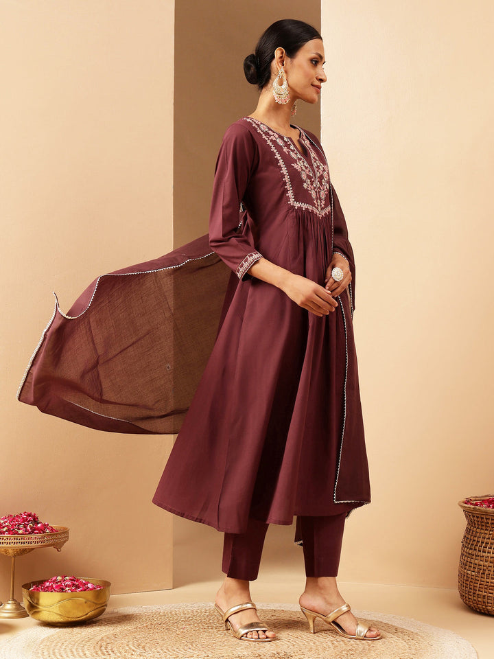 Janasya Women's Bungundy Pure Cotton Yoke Embroidered A-line Kurta Set - qivii