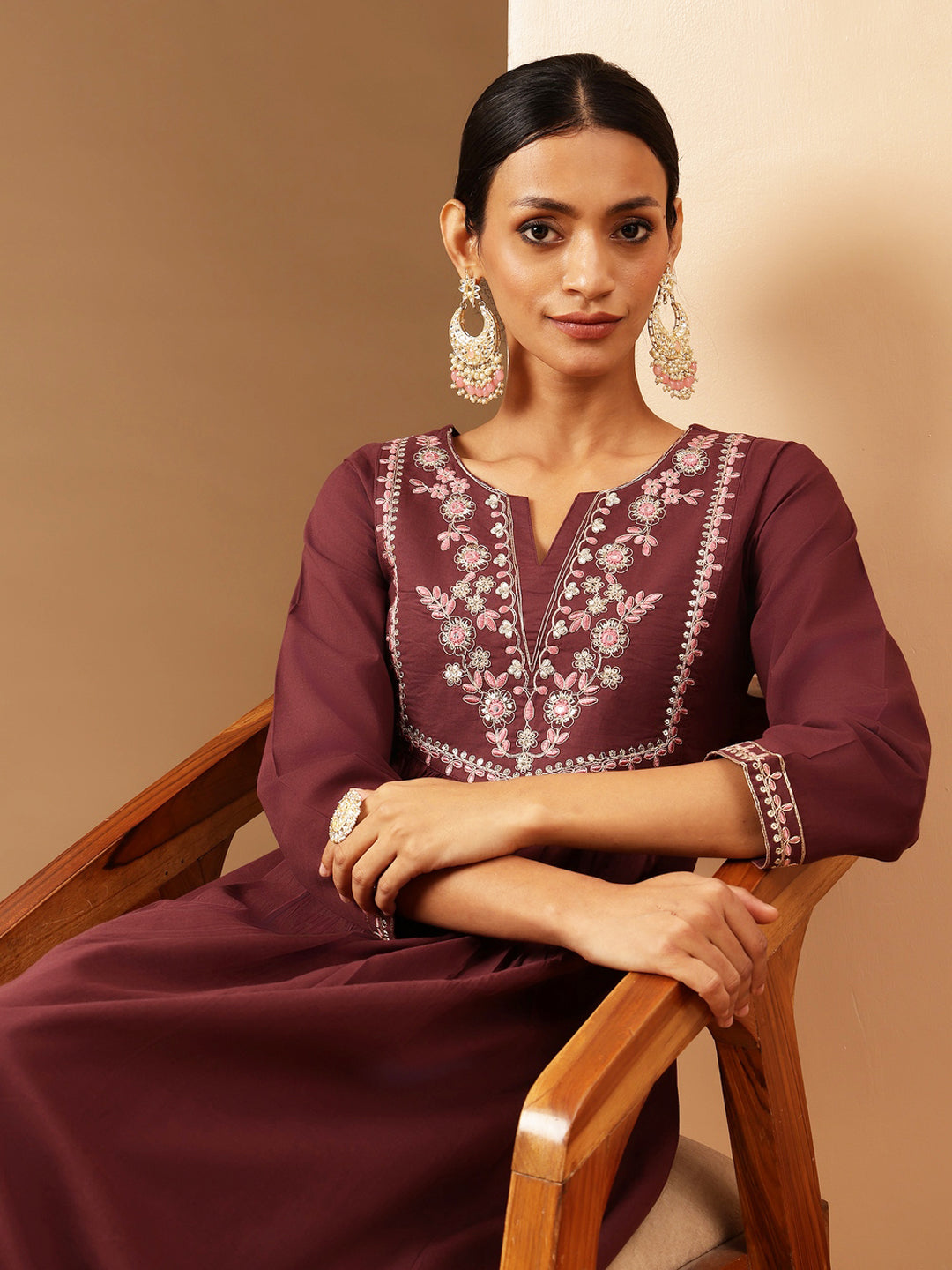 Janasya Women's Bungundy Pure Cotton Yoke Embroidered A-line Kurta Set - qivii