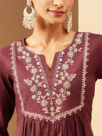 Janasya Women's Bungundy Pure Cotton Yoke Embroidered A-line Kurta Set