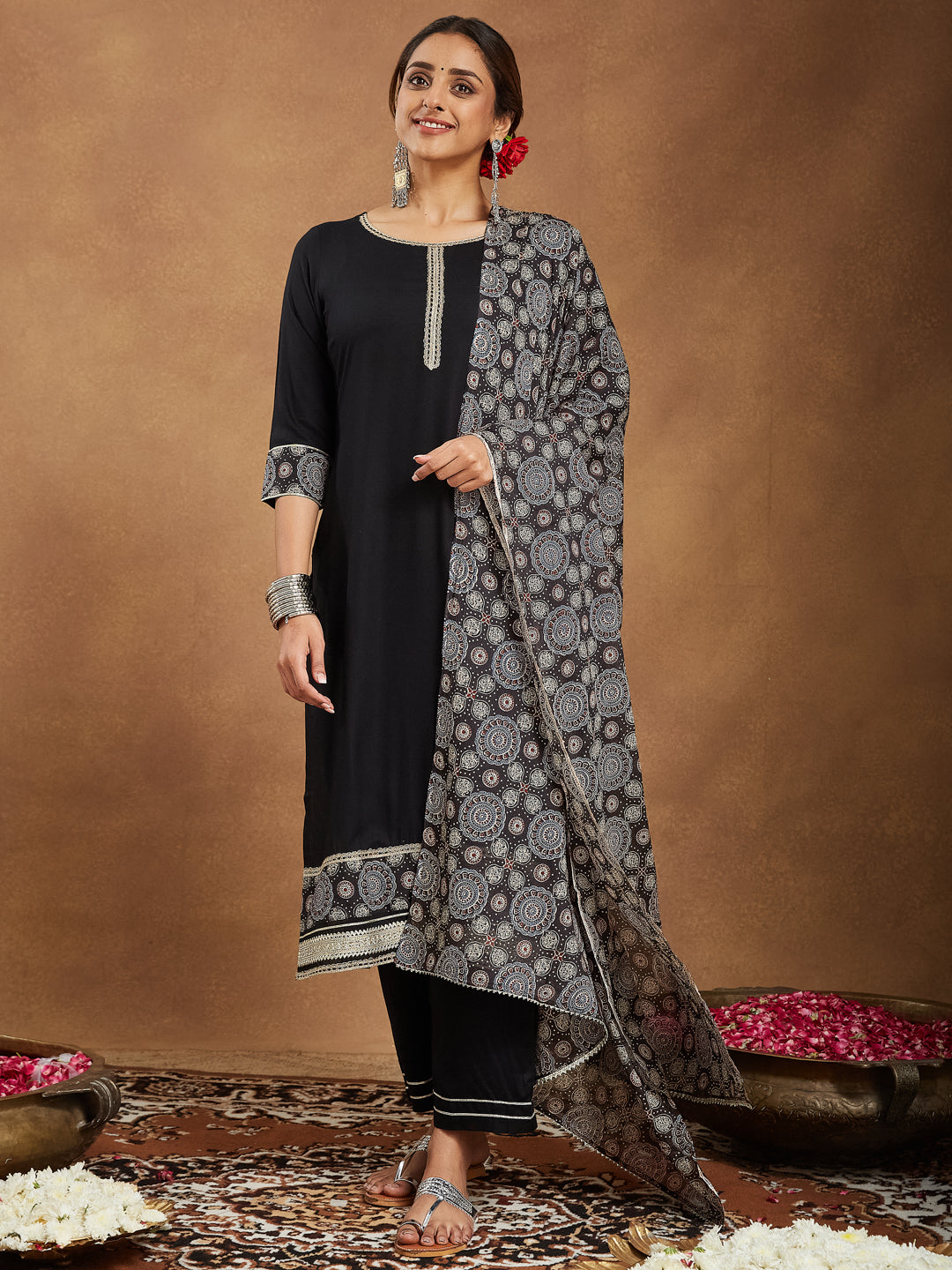Janasya Women's Black Rayon Ajrakh Printed Straight Kurta Set