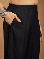 Janasya Women's Black Rayon Ajrakh Printed Straight Kurta Set