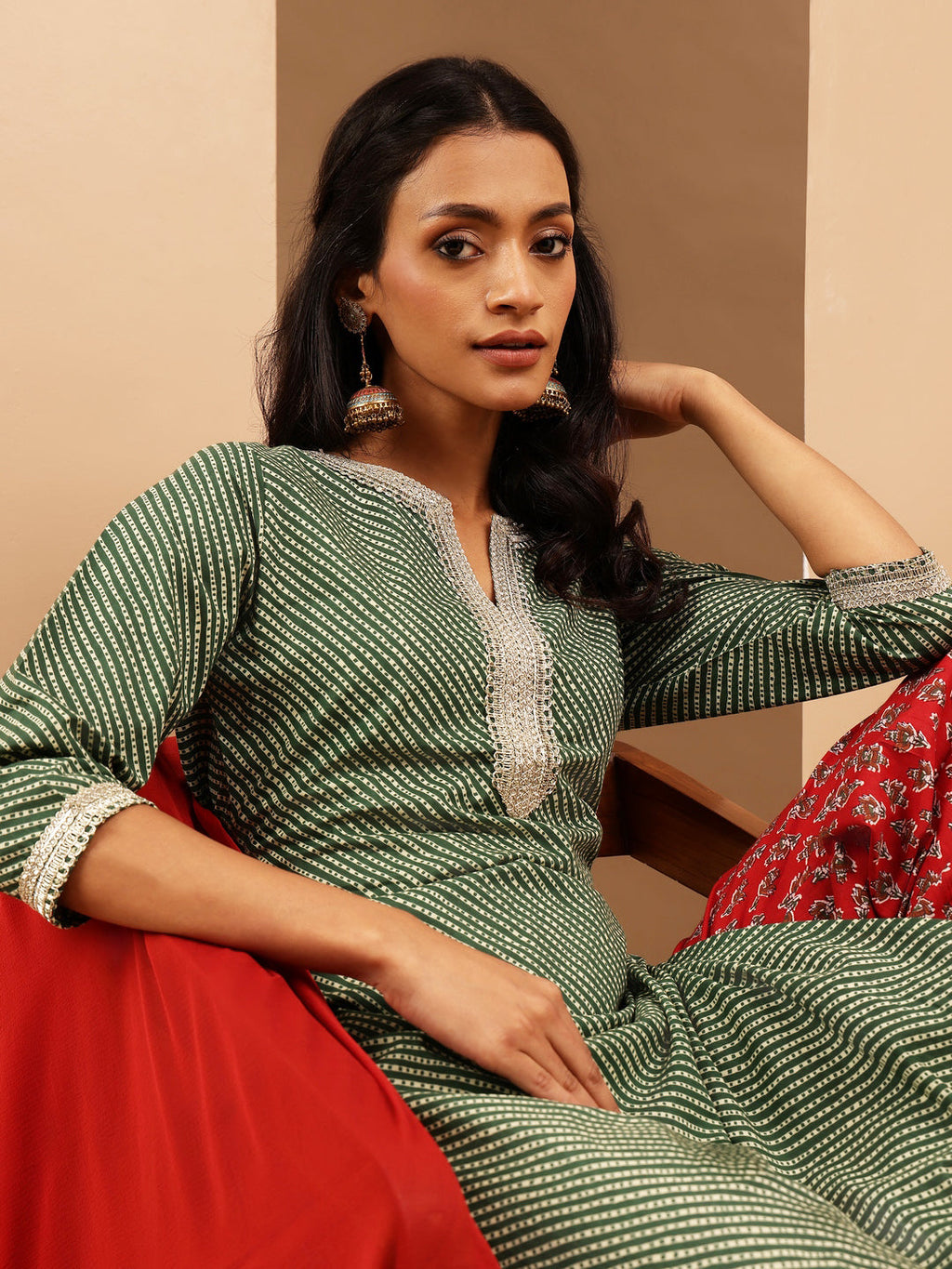 Janasya Women's Green & Maroon Pure Cotton Printed Straight Kurta Set