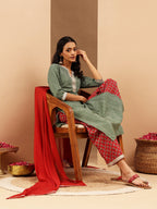 Janasya Women's Green & Maroon Pure Cotton Printed Straight Kurta Set