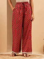 Janasya Women's Green & Maroon Pure Cotton Printed Straight Kurta Set