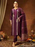 Janasya Women's Wine Chanderi Silk Embroidered Straight Kurta Set