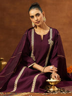 Janasya Women's Wine Chanderi Silk Embroidered Straight Kurta Set