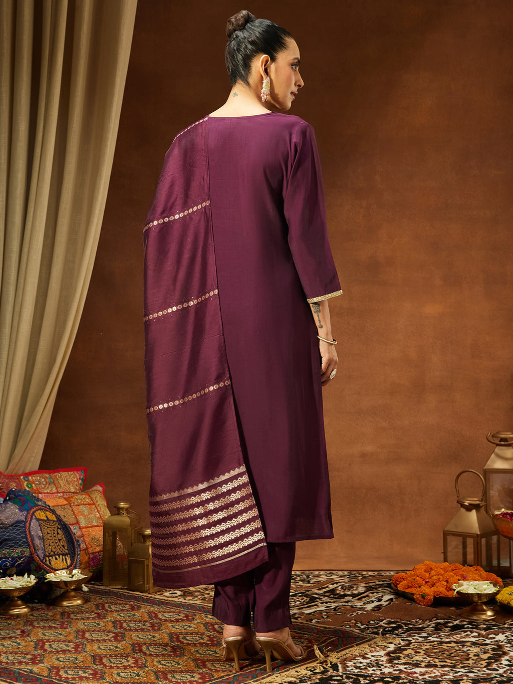 Janasya Women's Wine Chanderi Silk Embroidered Straight Kurta Set