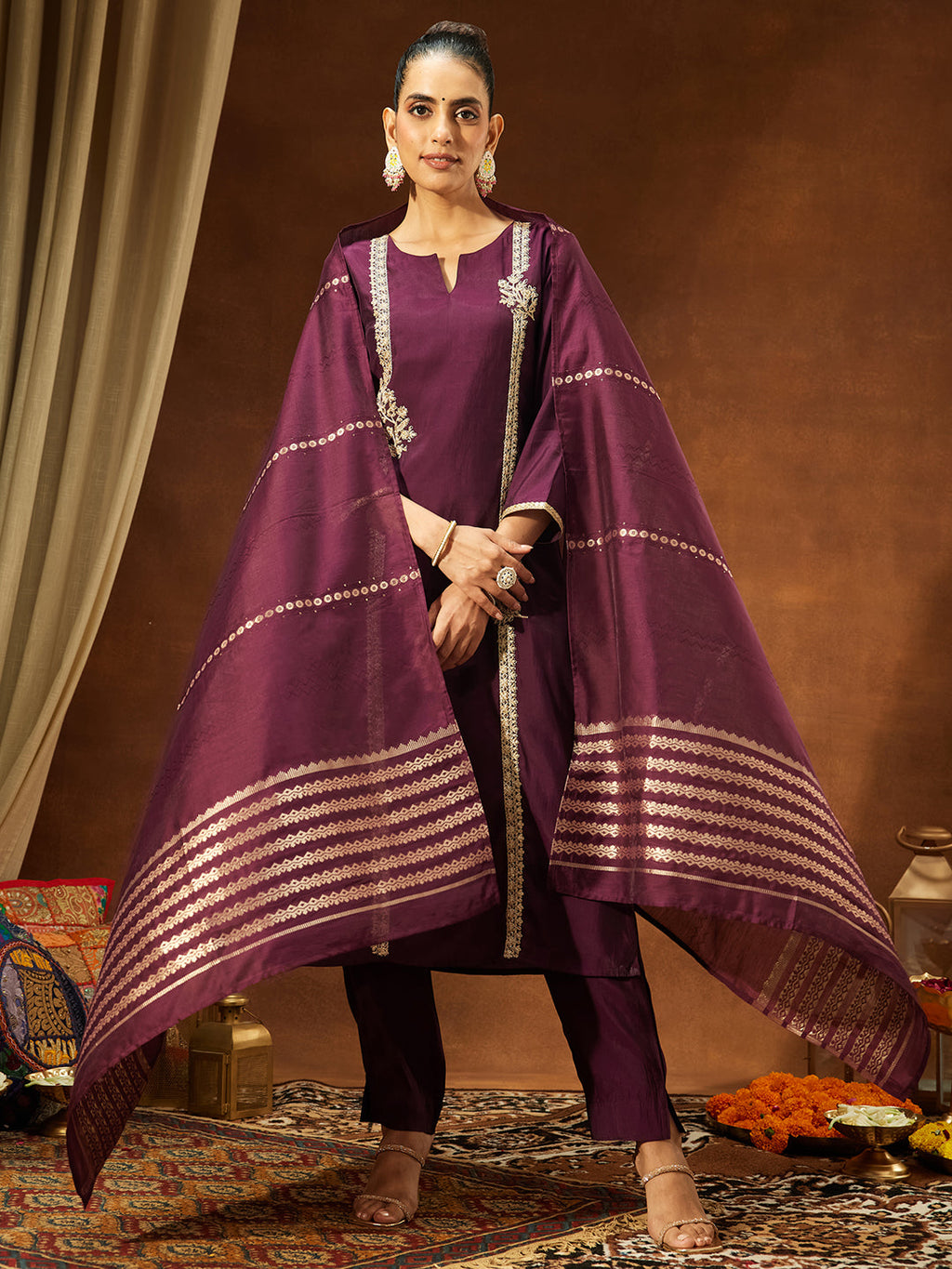 Janasya Women's Wine Chanderi Silk Embroidered Straight Kurta Set