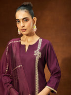 Janasya Women's Wine Chanderi Silk Embroidered Straight Kurta Set