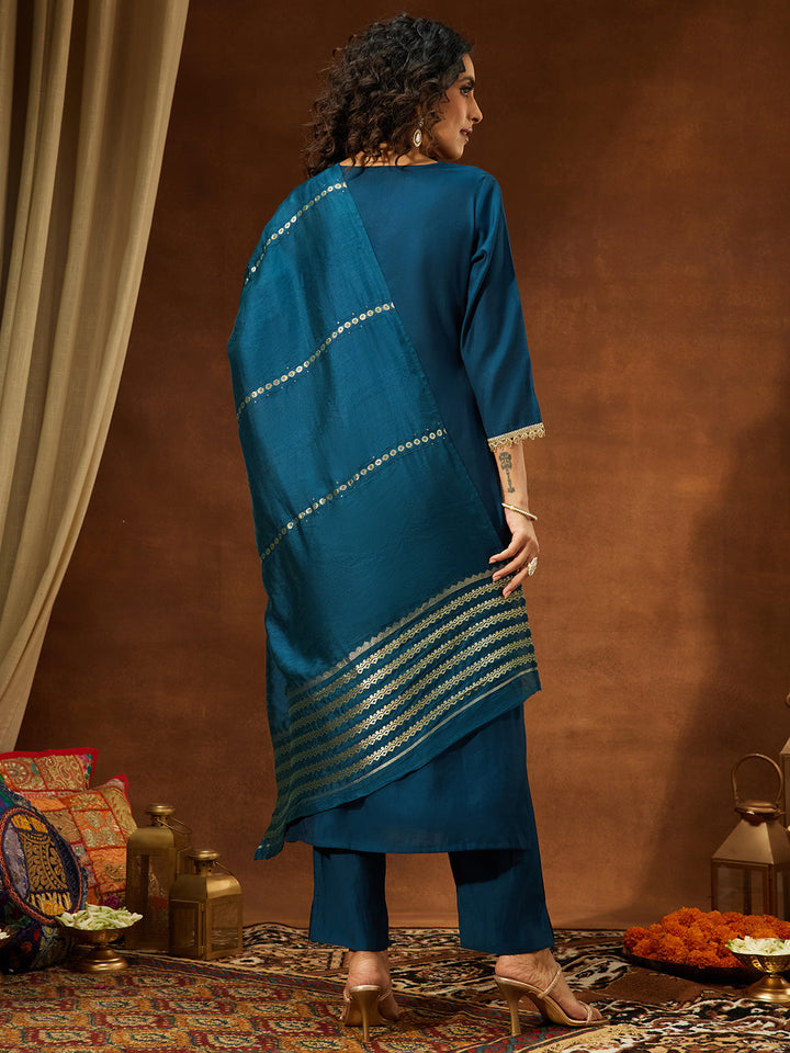 Janasya Women's Teal Chanderi Yoke Embroidery Straight Kurta Set