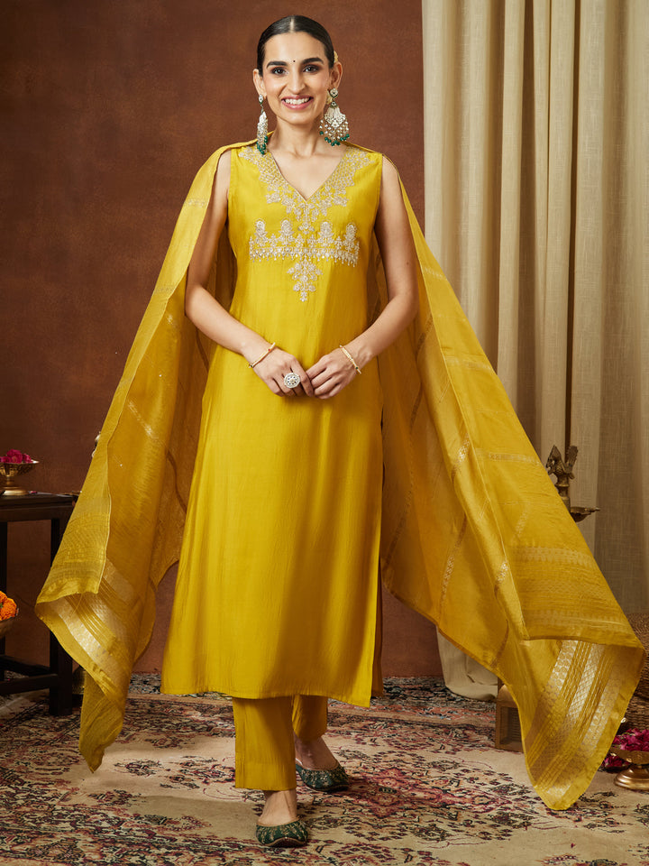 Janasya Women's Mustard Chanderi Silk Zari Embroidered Straight Kurta Pant Set - qivii