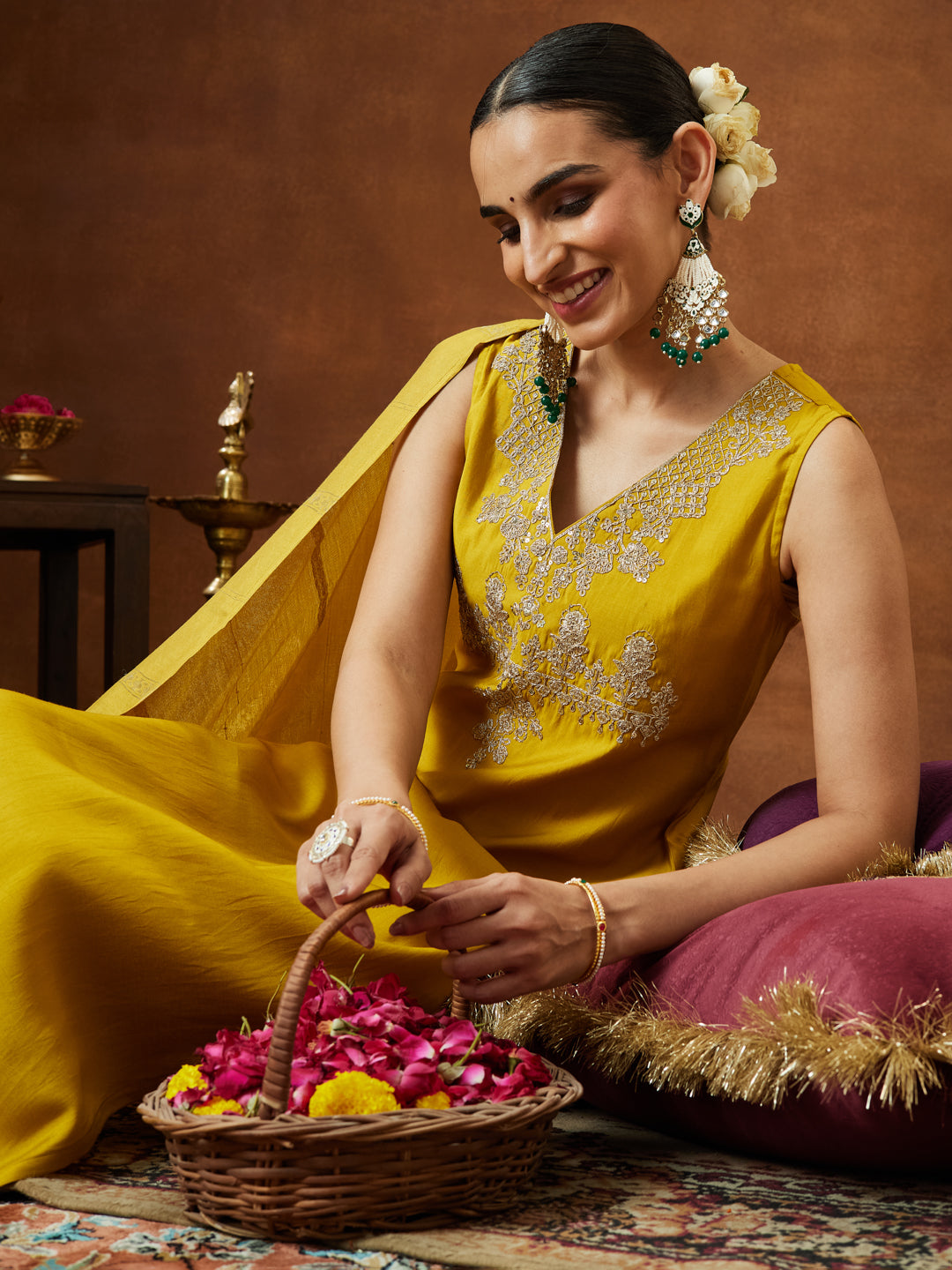 Janasya Women's Mustard Chanderi Silk Zari Embroidered Straight Kurta Pant Set - qivii