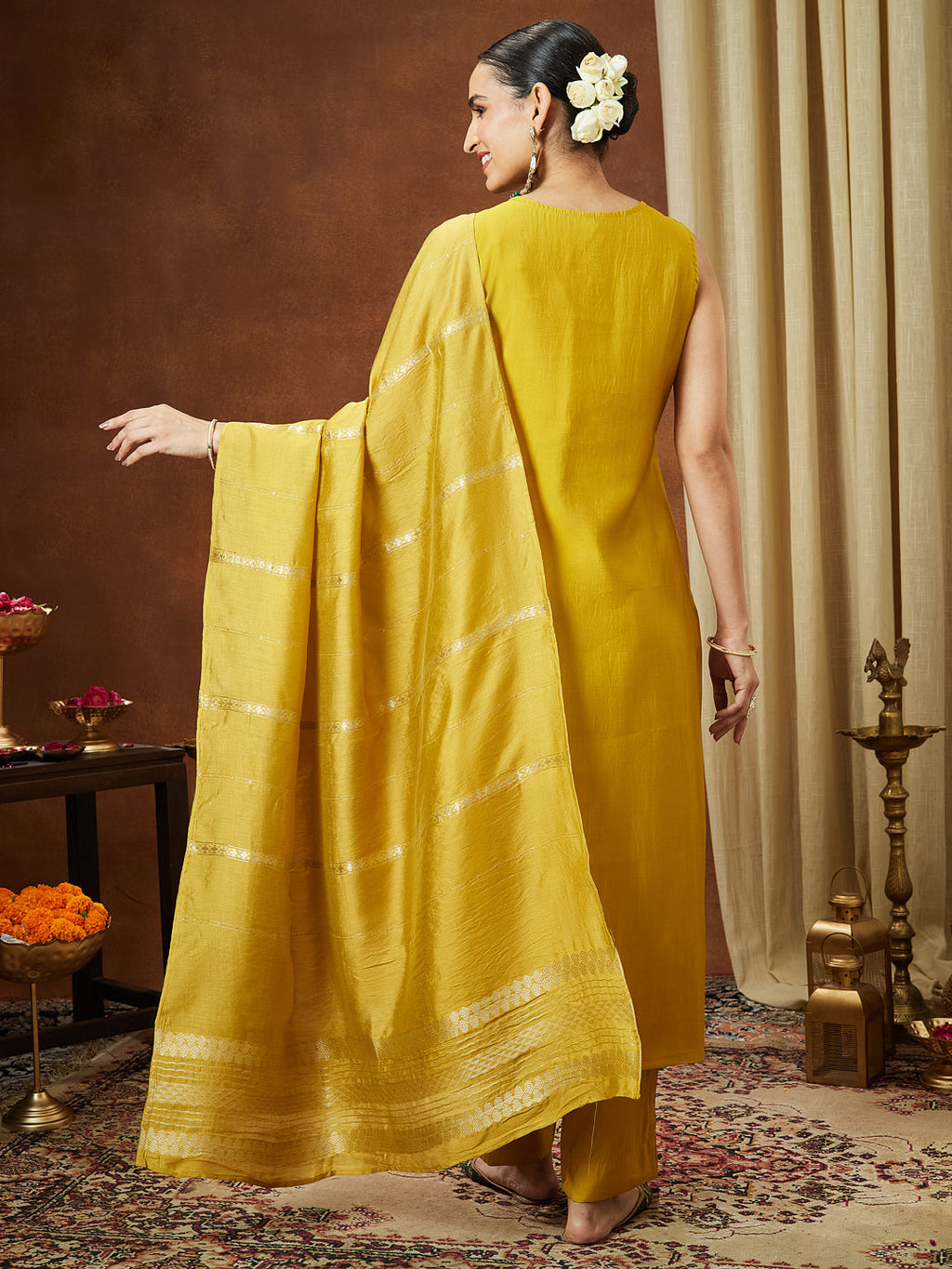 Janasya Women's Mustard Chanderi Silk Zari Embroidered Straight Kurta Pant Set