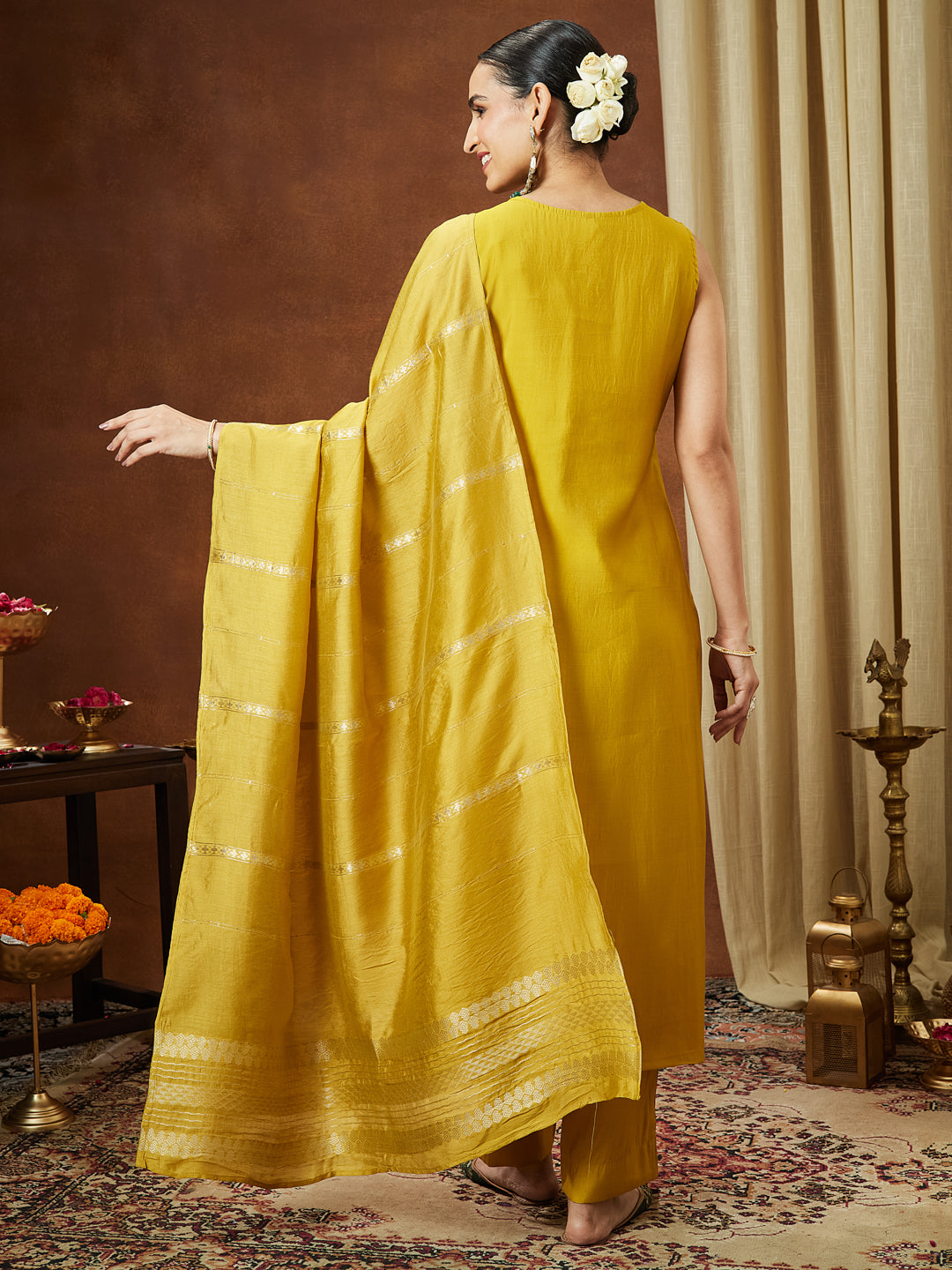 Janasya Women's Mustard Chanderi Silk Zari Embroidered Straight Kurta Pant Set - qivii