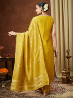 Janasya Women's Mustard Chanderi Silk Zari Embroidered Straight Kurta Pant Set