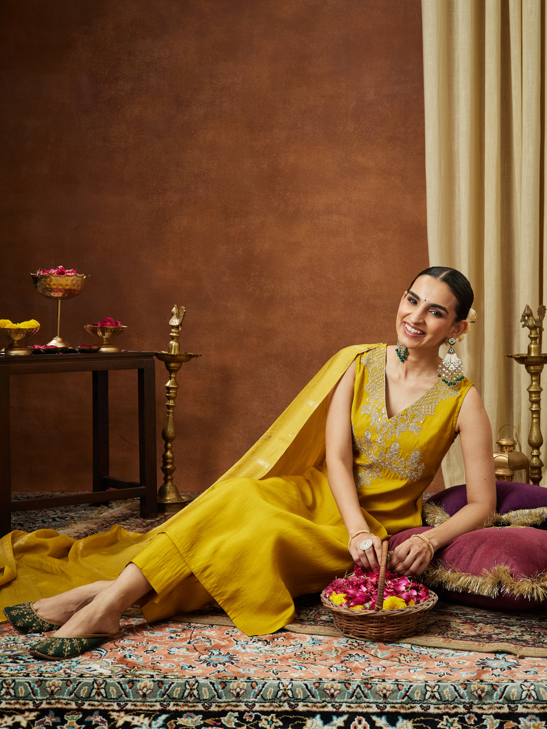 Janasya Women's Mustard Chanderi Silk Zari Embroidered Straight Kurta Pant Set - qivii