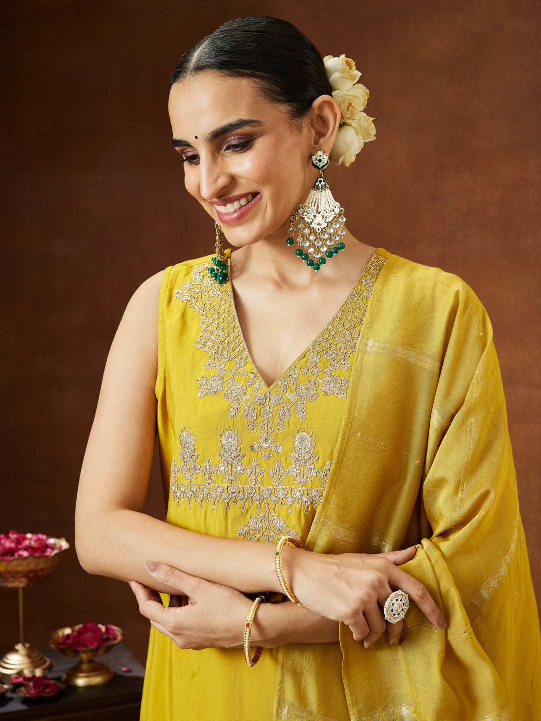 Janasya Women's Mustard Chanderi Silk Zari Embroidered Straight Kurta Pant Set - qivii