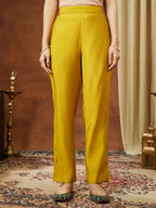 Janasya Women's Mustard Chanderi Silk Zari Embroidered Straight Kurta Pant Set