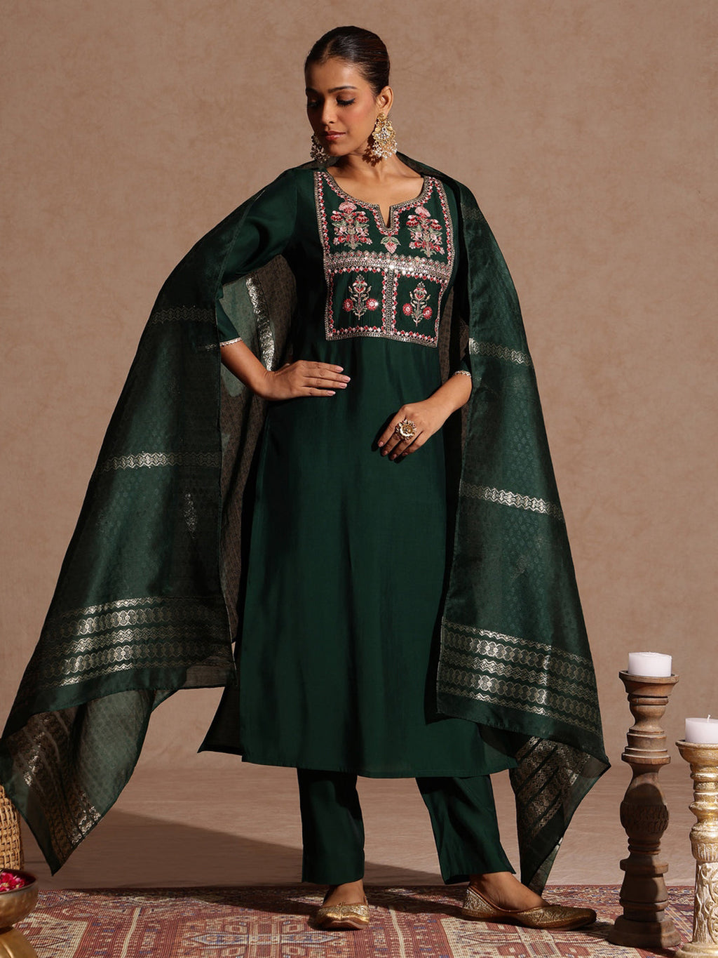 Janasya Women's Bottle Green Chanderi Silk Zari Yoke Embroidered Straight Kurta Set