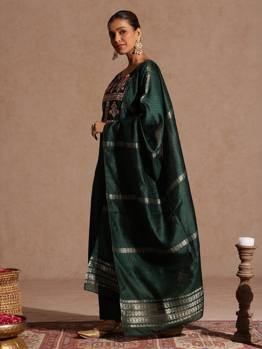 Janasya Women's Bottle Green Chanderi Silk Zari Yoke Embroidered Straight Kurta Set - qivii