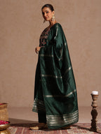 Janasya Women's Bottle Green Chanderi Silk Zari Yoke Embroidered Straight Kurta Set