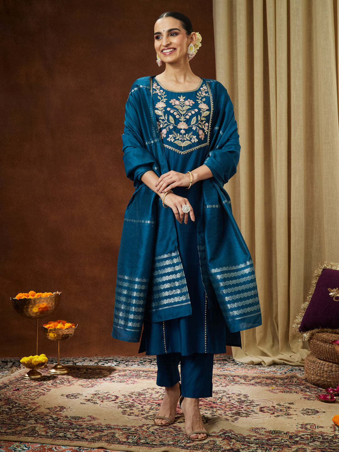 Janasya Women's Teal Blue Chanderi Silk Yoke Embroidered Straight Kurta Set