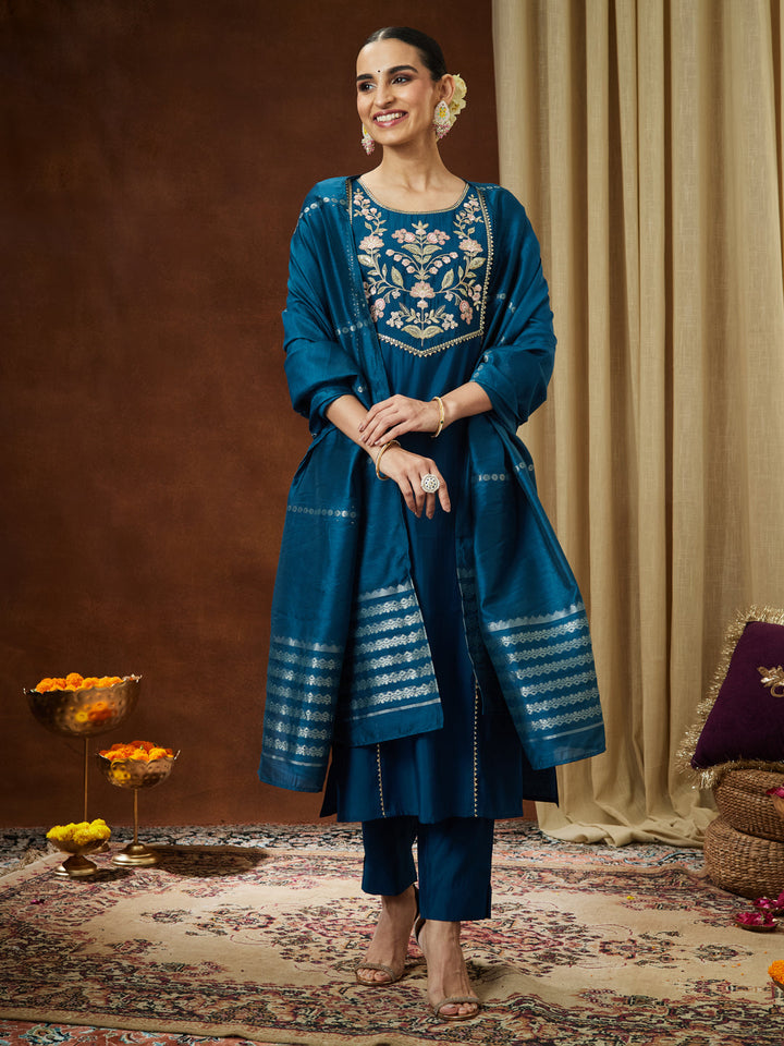 Janasya Women's Teal Blue Chanderi Silk Yoke Embroidered Straight Kurta Set - qivii