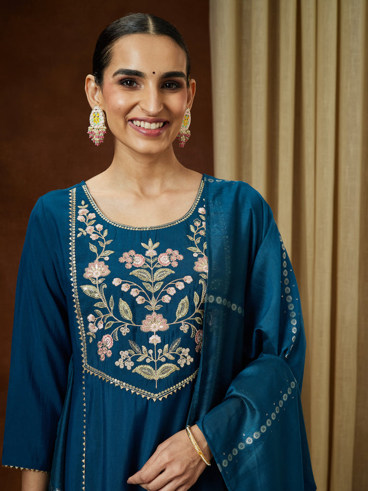 Janasya Women's Teal Blue Chanderi Silk Yoke Embroidered Straight Kurta Set - qivii