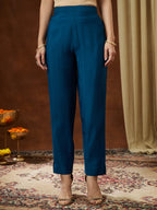 Janasya Women's Teal Blue Chanderi Silk Yoke Embroidered Straight Kurta Set