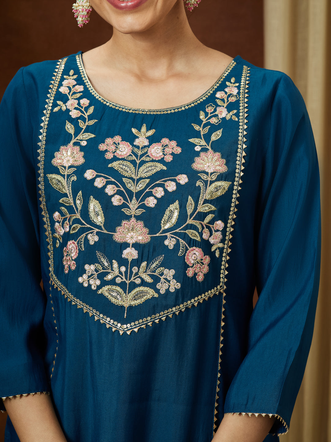 Janasya Women's Teal Blue Chanderi Silk Yoke Embroidered Straight Kurta Set - qivii