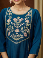 Janasya Women's Teal Blue Chanderi Silk Yoke Embroidered Straight Kurta Set