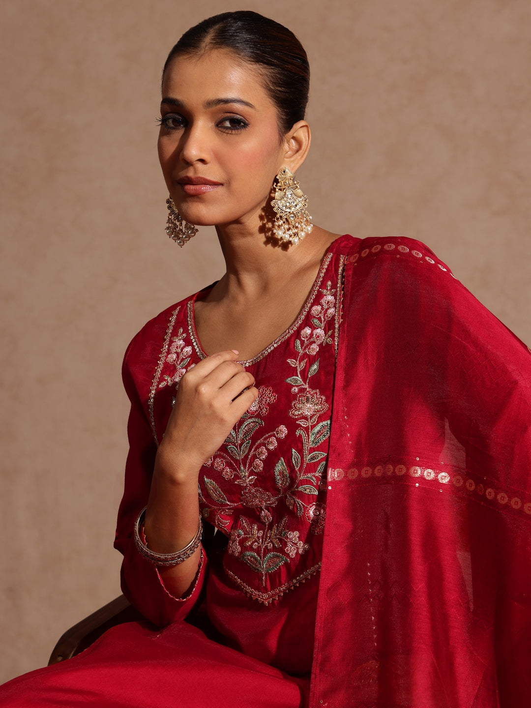 Janasya Women's Maroon Chanderi Silk Zari Yoke Embroidered Straight Kurta Set - qivii