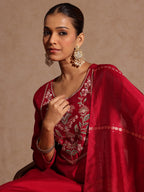 Janasya Women's Maroon Chanderi Silk Zari Yoke Embroidered Straight Kurta Set