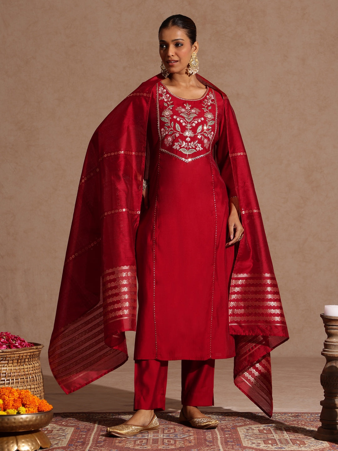 Janasya Women's Maroon Chanderi Silk Zari Yoke Embroidered Straight Kurta Set - qivii