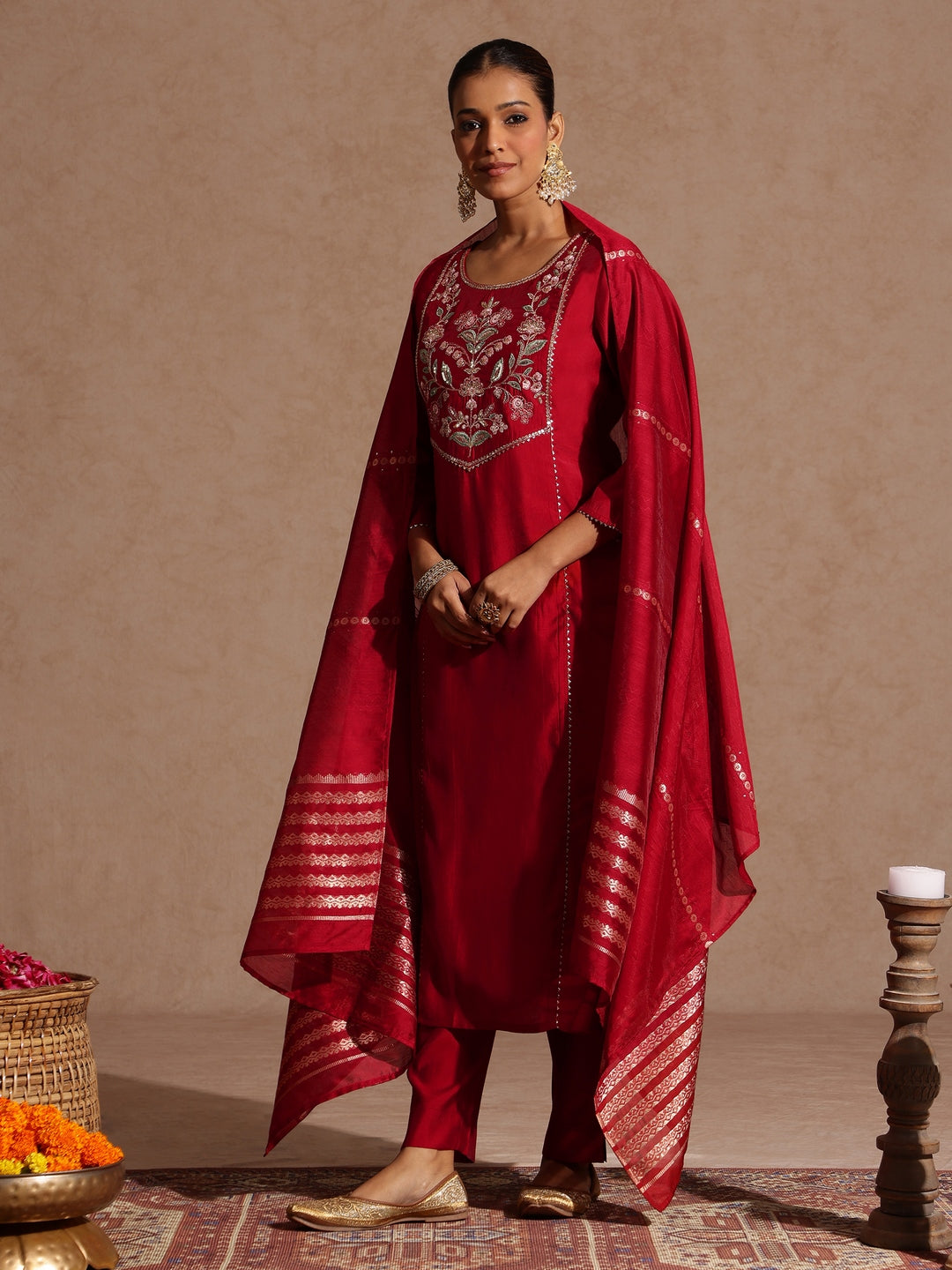 Janasya Women's Maroon Chanderi Silk Zari Yoke Embroidered Straight Kurta Set - qivii