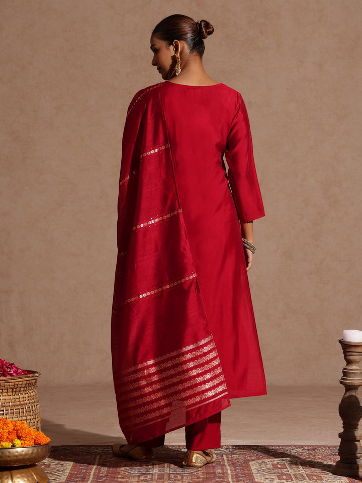 Janasya Women's Maroon Chanderi Silk Zari Yoke Embroidered Straight Kurta Set - qivii