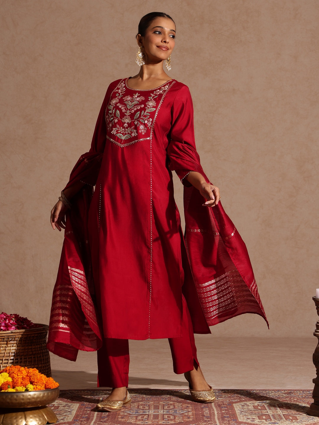 Janasya Women's Maroon Chanderi Silk Zari Yoke Embroidered Straight Kurta Set - qivii