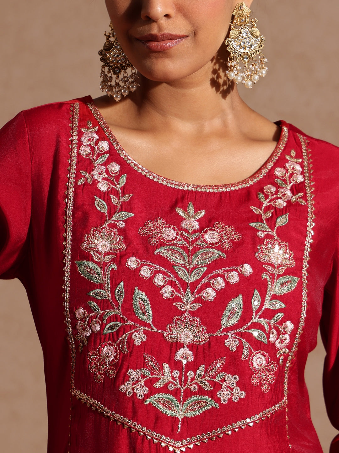 Janasya Women's Maroon Chanderi Silk Zari Yoke Embroidered Straight Kurta Set