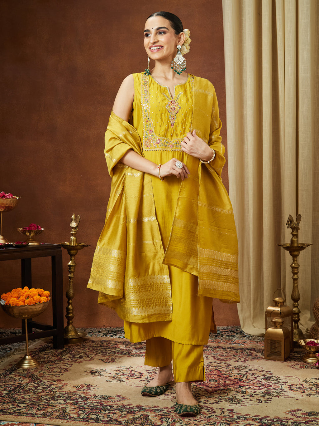Janasya Women's Mustard Chanderi Silk Yoke Embroidered Straight Kurta Set