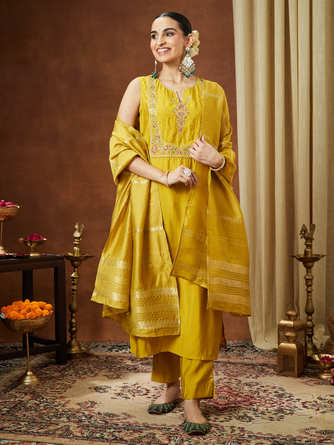 Janasya Women's Mustard Chanderi Silk Yoke Embroidered Straight Kurta Set - qivii